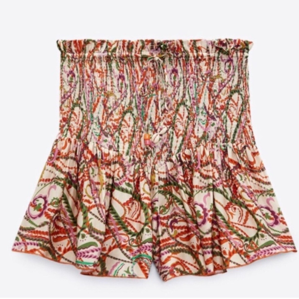 Zara Red and Pink High Waist Shorts with Smocked Waistband